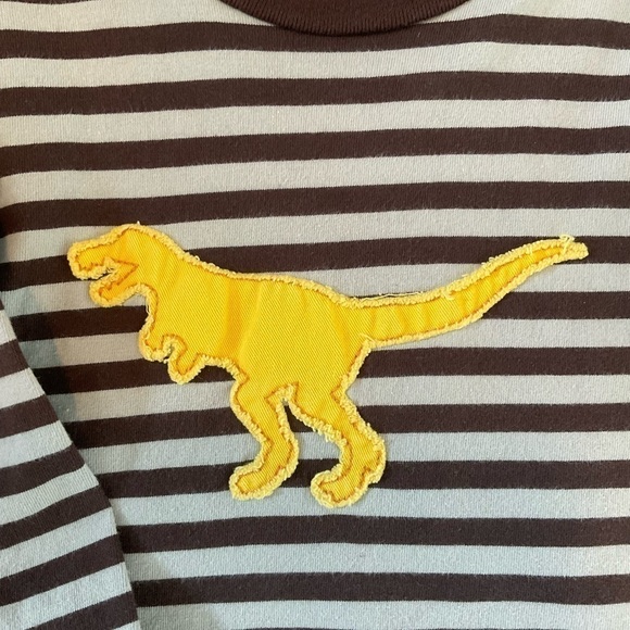 Mini Boden Tan Brown Dinosaur Striped Shirt Sz 9-10 - Picture 3 of 4
